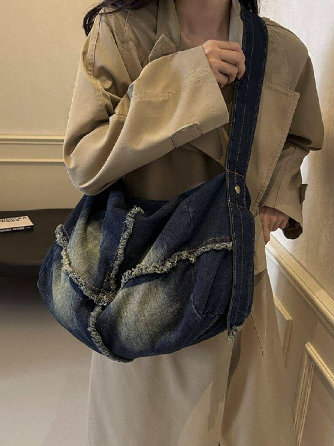 Raw Hem Gradient Crossbody Bag For womenUpgrade your style with the Raw Hem Gradient Crossbody Bag! This Large-sized bag is made from high-quality denim, giving it a trendy and chic look. Carry all your esHandbagPlush Fashion ShopPlush Fashion ShopRaw Hem Gradient Crossbody Bag