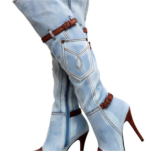 Women's plus size knee-high denim boots with stiletto heel and stylish belt buckle detail.