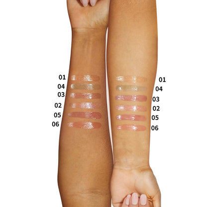 PHOFAY Jelly Lip Oil swatches on two arms displaying different shades and glossiness.