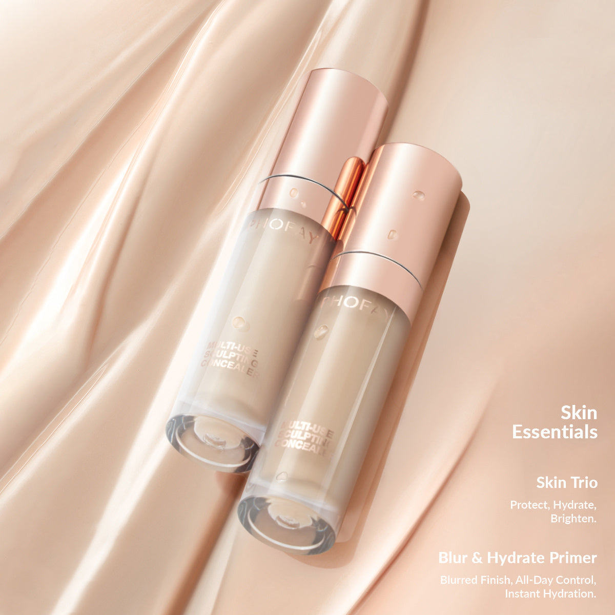 PHOFAY Super Coverage Concealer bottles on silky fabric background.