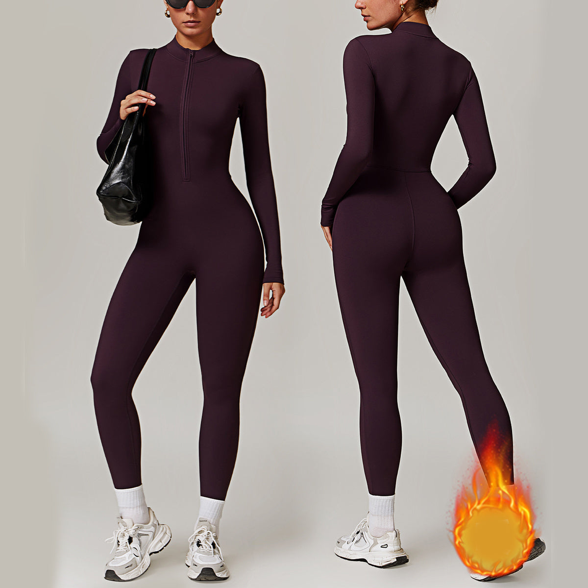 Warm long-sleeved zipper jumpsuit for yoga and fitness, breathable bodysuit for women.