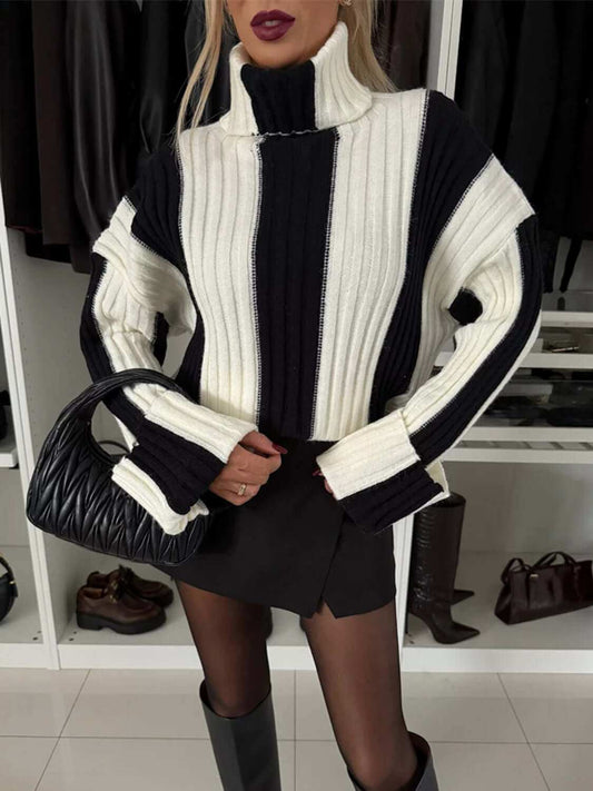 Striped Turtleneck Dropped Shoulder SweaterExperience ultimate comfort and style with our Striped Turtleneck Dropped Shoulder Sweater. Made with 100% acrylic for a soft and cozy feel. Featuring a basic style SweaterPlush Fashion ShopPlush Fashion ShopStriped Turtleneck Dropped Shoulder Sweater