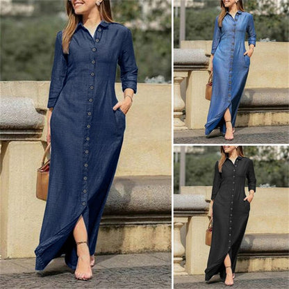 Shirt Collar Denim Button Maxi DressElevate your casual style with this chic shirt collar denim maxi dress. Featuring a button-down front and a flattering maxi length, this dress is perfect for any occDressPlush Fashions ShopPlush Fashion ShopShirt Collar Denim Button Maxi Dress