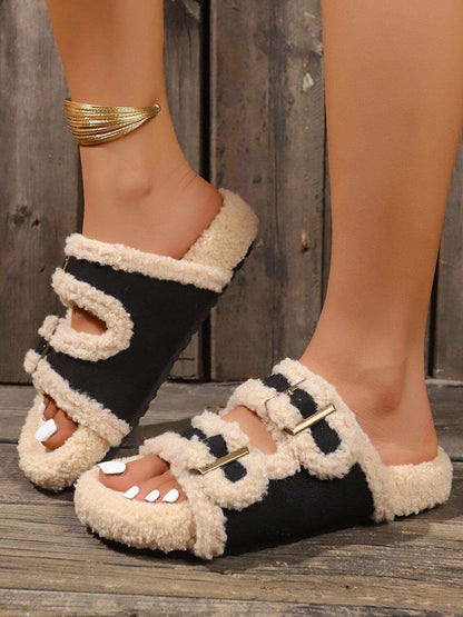 Fluffy Contrast Open Toe SlippersIndulge in luxury with our Fluffy Contrast Open Toe Slippers! Made with soft faux fur and a non-slip rubber sole, these slippers provide both comfort and safety. AvaShoesPlush Fashion ShopPlush Fashion ShopFluffy Contrast Open Toe Slippers