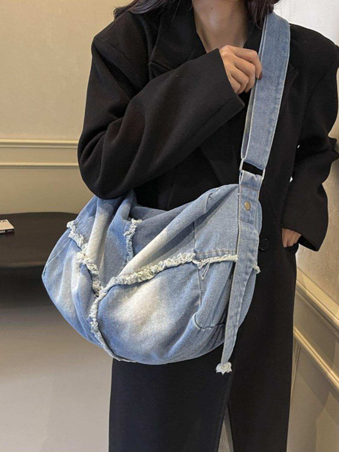 Raw Hem Gradient Crossbody Bag For womenUpgrade your style with the Raw Hem Gradient Crossbody Bag! This Large-sized bag is made from high-quality denim, giving it a trendy and chic look. Carry all your esHandbagPlush Fashion ShopPlush Fashion ShopRaw Hem Gradient Crossbody Bag