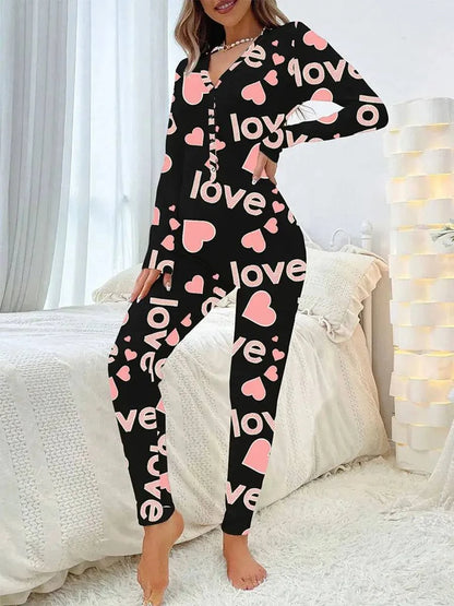 Women Jumpsuit Long Sleeve V Neck Button Closure Letters Heart Print LThe beautiful heart print and V-neck design make it a perfect choice for festive occasions. The long sleeve and button closure add a touch of comfort and conveniencePajamasPlush Fashions ShopPlush Fashion ShopNeck Button Closure Letters Heart Print Loungewear Sleepwear