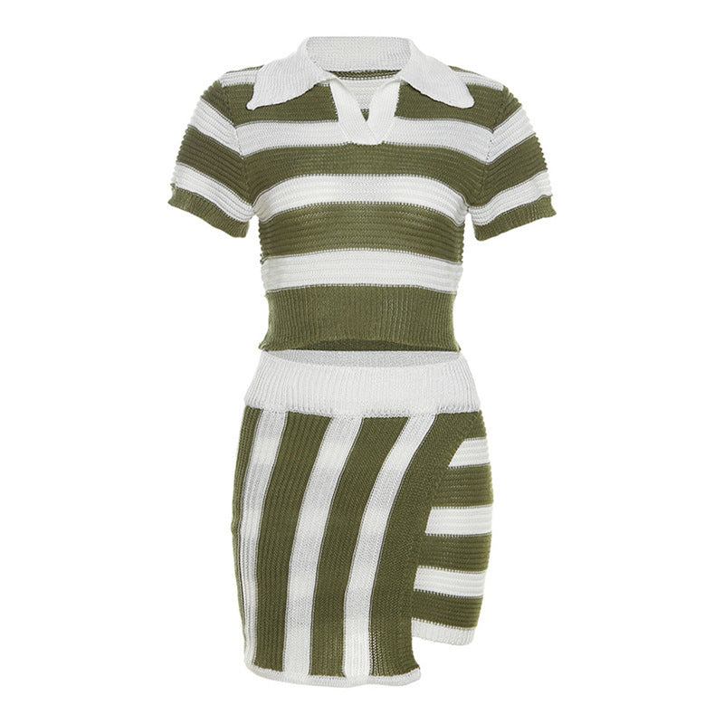 Polo Collar Short Sleeve Striped Contrast Color Fit Sheath Skirt OutfiIntroducing the "Polo Collar Short Sleeve Striped Contrast Color Fit Sheath Skirt Outfit" from Plush Fashions Shop Vintage Summer Spice collection. This street fashi2 piece skirt setPlush Fashions ShopPlush Fashion ShopPolo Collar Short Sleeve Striped Contrast Color Fit Sheath Skirt Outfit