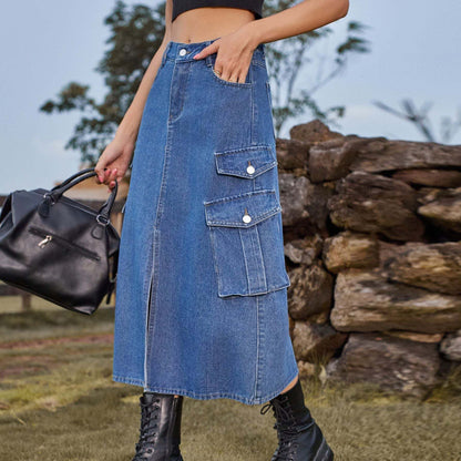 Women's Denim Cargo Casual SkirtThis denim cargo casual skirt is perfect for street style fashion. Made from high-quality denim, it comes in a range of trendy colors to suit any taste. With sizes fSkirtPlush Fashions ShopPlush Fashion ShopDenim Cargo Casual Skirt