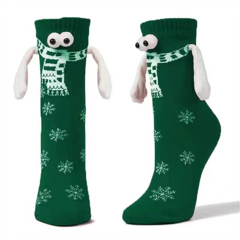 Couple Magnetic Handle Cute Hand Socks with festive design and snowflakes.