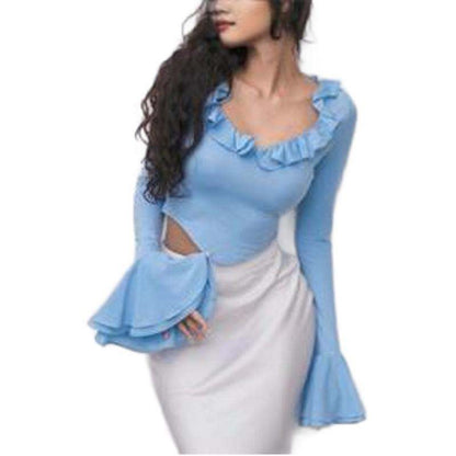 Fashion Women's Wear Ruffled Flared Sleeve TopElevate your wardrobe with our Fashion Women's Wear Ruffled Flared Sleeve Top! Made from soft and durable polyester, this top comes in a beautiful blue color and a sShirtPlush Fashions ShopPlush Fashion ShopWear Ruffled Flared Sleeve Top