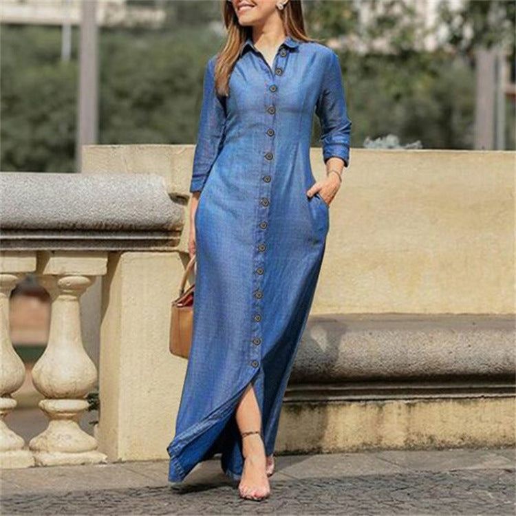 Shirt Collar Denim Button Maxi DressElevate your casual style with this chic shirt collar denim maxi dress. Featuring a button-down front and a flattering maxi length, this dress is perfect for any occDressPlush Fashions ShopPlush Fashion ShopShirt Collar Denim Button Maxi Dress