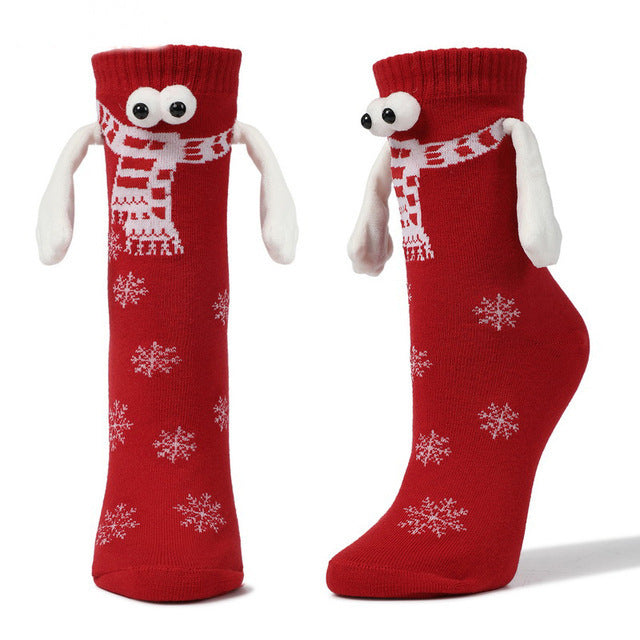 Red couple magnetic handle cute hand socks with snowflake pattern, designed for comfort and durability, perfect Christmas gift.