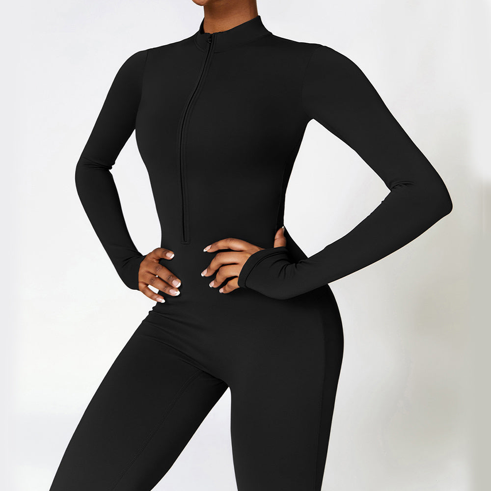 Warm zipper long-sleeved yoga fitness sports breathable bodysuit for women in black.