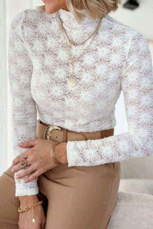 Mock Neck Long Sleeve Lace TopsIndulge in luxury and elegance with our Mock Neck Long Sleeve Lace Top. Made from a stretchy, semi-sheer lace material, this top hugs your curves and adds a touch ofShirtPlush Fashion ShopPlush Fashion ShopMock Neck Long Sleeve Lace Top