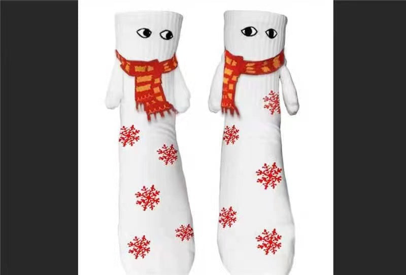 Couple Magnetic Handle Cute Hand Socks with snowflake design and red scarves.