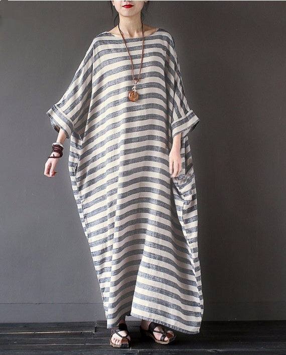 Cotton And Linen Stripes Loose Plus Long DressWrap yourself in effortless style with our Cotton And Linen Stripes Loose Plus Long Dress! Made with high-quality cotton and linen, this dress offers a loose and comDressPlush Fashions ShopPlush Fashion ShopLinen Stripes Loose