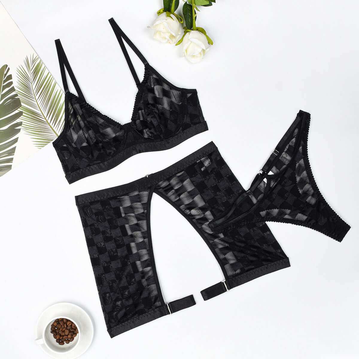 Women's Mesh Underwear Three-piece SetExperience ultimate comfort and style with our Women's Mesh Underwear Three-piece Set. Made with high-quality Mesh fabric, this set comes in sleek black and is avail3 piece setPlush Fashions ShopPlush Fashion ShopMesh Underwear