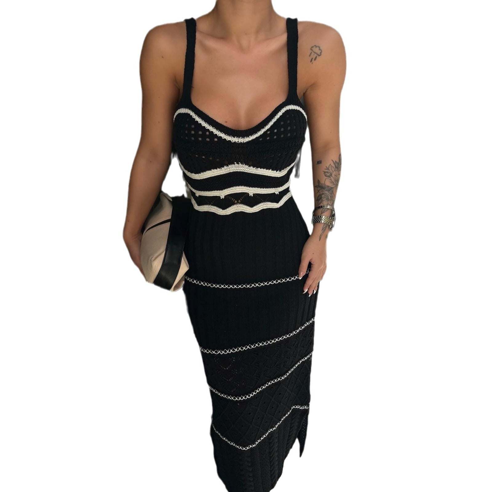 Women's Knitted Contrast Color Sling Dress Hollow OutElevate your summer wardrobe with our Women's Knitted Contrast Color Sling Dress. Embrace the high waist and hand-woven craftsmanship of this single piece dress. ItsDressPlush Fashions ShopPlush Fashion ShopKnitted Contrast Color Sling Dress Hollow