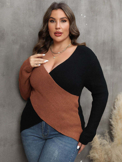 Plus Size Two-Tone Surplice Neck SweaterElevate your wardrobe with our Plus Size Two-Tone Surplice Neck Sweater! This sweater features a basic style with a touch of stretch for a comfortable fit. Made of 1SweaterPlush Fashion ShopPlush Fashion Shop-Tone Surplice Neck Sweater