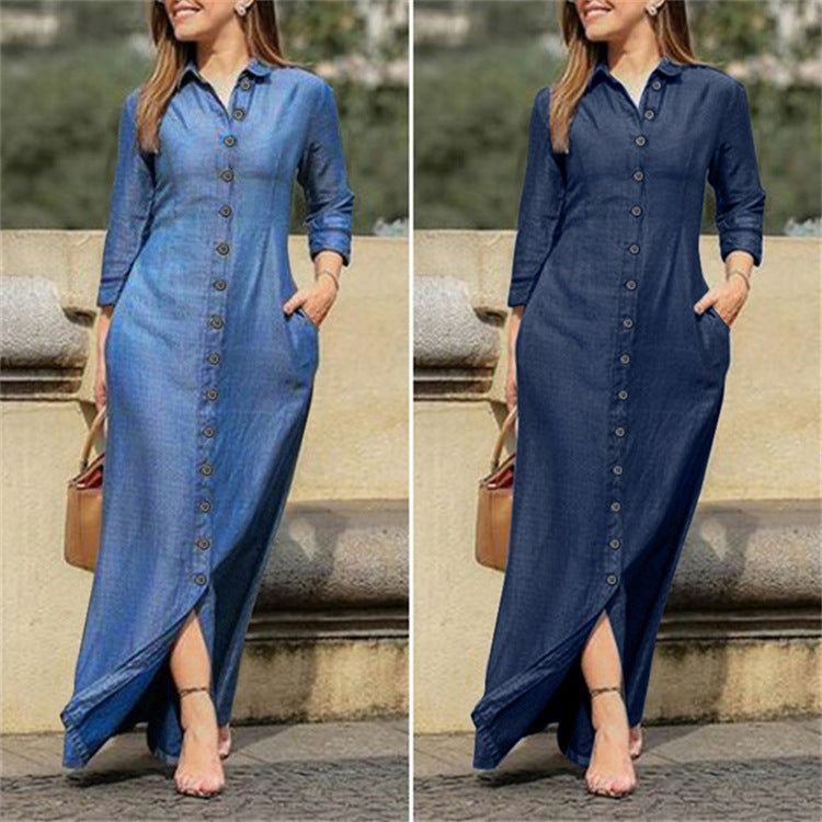 Shirt Collar Denim Button Maxi DressElevate your casual style with this chic shirt collar denim maxi dress. Featuring a button-down front and a flattering maxi length, this dress is perfect for any occDressPlush Fashions ShopPlush Fashion ShopShirt Collar Denim Button Maxi Dress