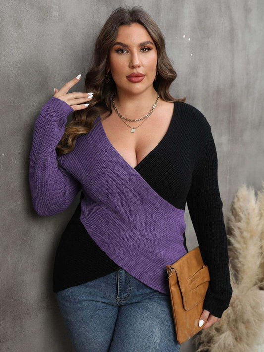 Plus Size Two-Tone Surplice Neck SweaterElevate your wardrobe with our Plus Size Two-Tone Surplice Neck Sweater! This sweater features a basic style with a touch of stretch for a comfortable fit. Made of 1SweaterPlush Fashion ShopPlush Fashion Shop-Tone Surplice Neck Sweater