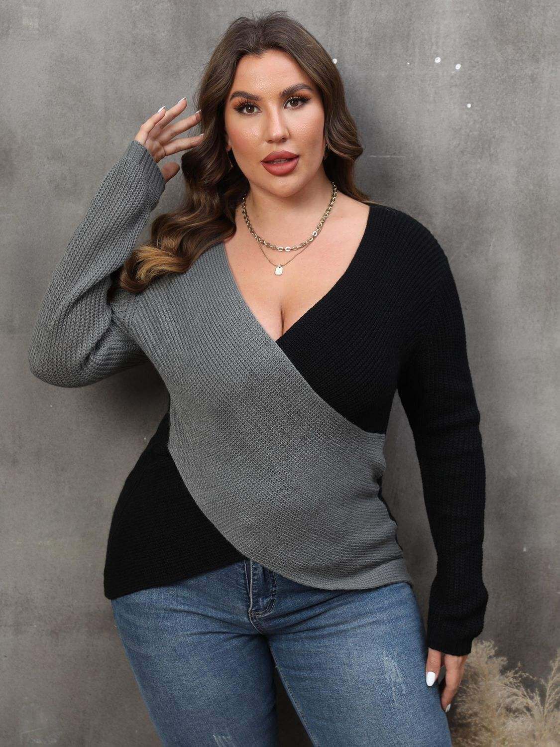 Plus Size Two-Tone Surplice Neck SweaterElevate your wardrobe with our Plus Size Two-Tone Surplice Neck Sweater! This sweater features a basic style with a touch of stretch for a comfortable fit. Made of 1SweaterPlush Fashion ShopPlush Fashion Shop-Tone Surplice Neck Sweater