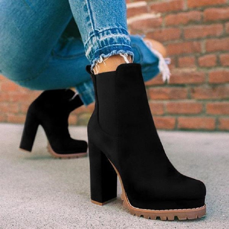 Round-toe Ankle Boots with Leopard Print and Thick Square High Heels